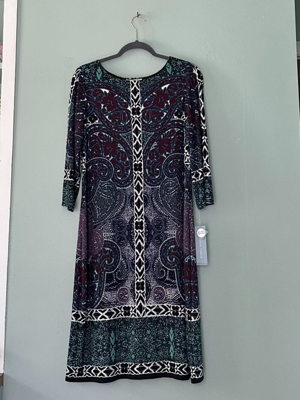 London Times NWT Paisley 3/4-Sleeve Dress Burgundy Teal